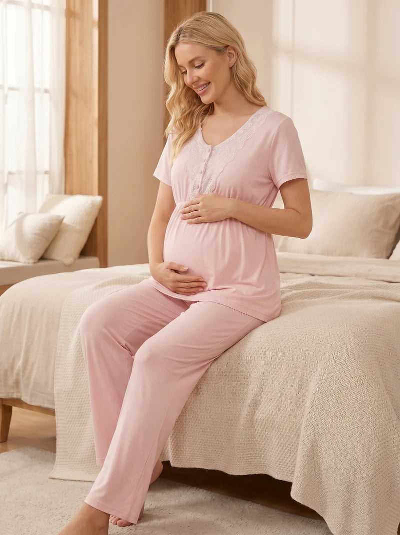Kısa Kollu Dantel Detaylı Çizgili Sabahlıklı Lohusa Pijama Takımı-2053