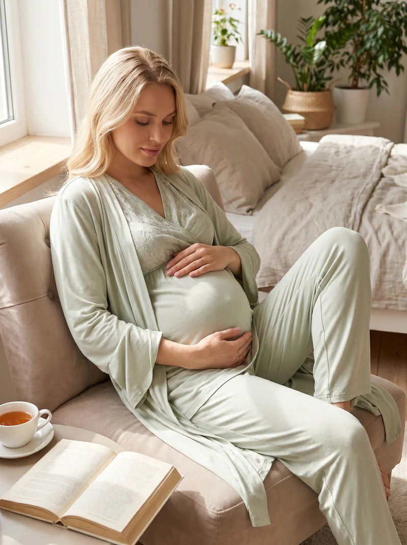 Truvakar Kollu Dantelli Kruvaze Sabahlıklı Lohusa Pijama Takımı-502