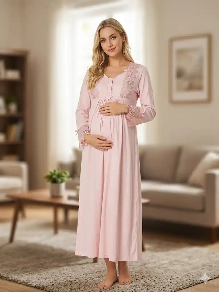 Pudra Uzun Kollu Dantel Detaylı Emzirme Özellikli Müslin Sabahlıklı Lohusa Pijama Takımı-6108