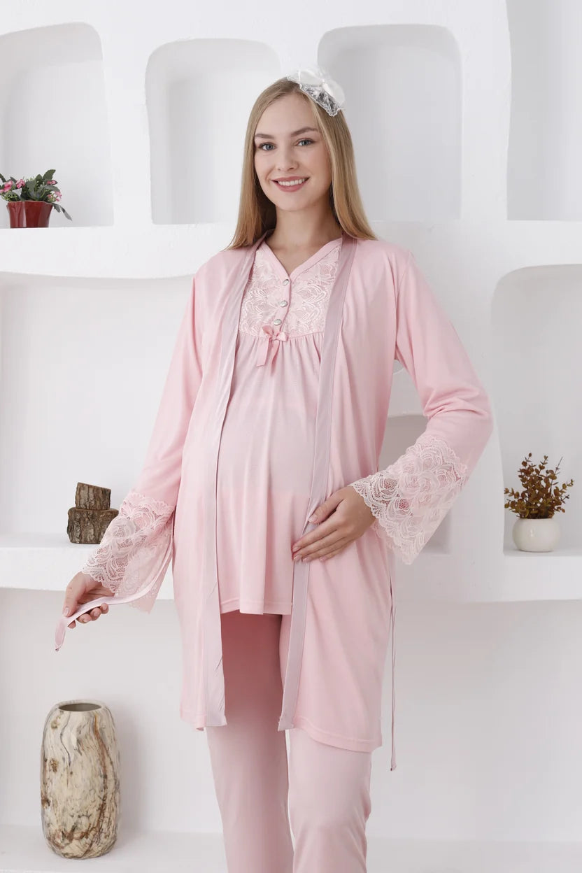 Pembe Uzun Kollu Emzirme Özellikli Dantel Kol Detaylı Sabahlıklı Lohusa Pijama Takımı-3424