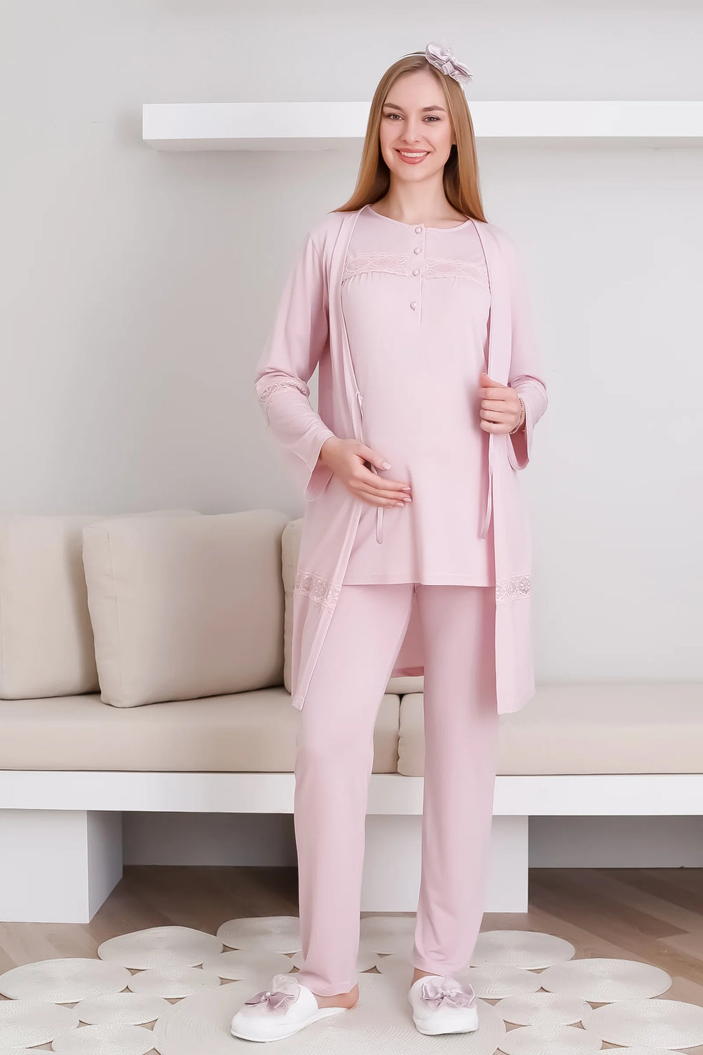 Pudra Kısa Kollu Emzirme Özellikli Sabahlıklı Lohusa Pijama Takımı-3439