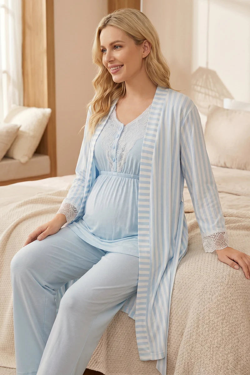 Kısa Kollu Dantel Detaylı Çizgili Sabahlıklı Lohusa Pijama Takımı-2054