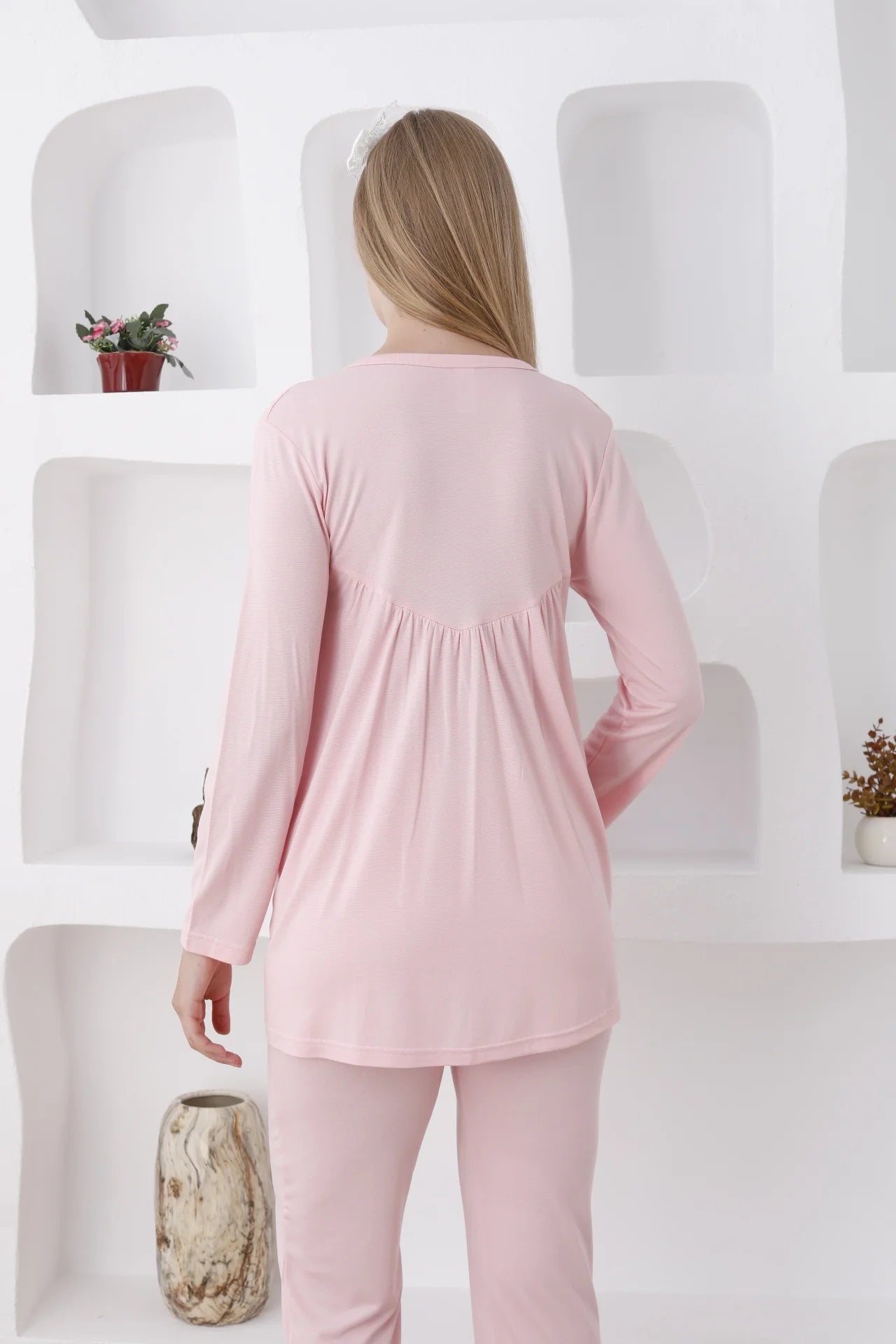 Pembe Uzun Kollu Emzirme Özellikli Dantel Kol Detaylı Sabahlıklı Lohusa Pijama Takımı-3424