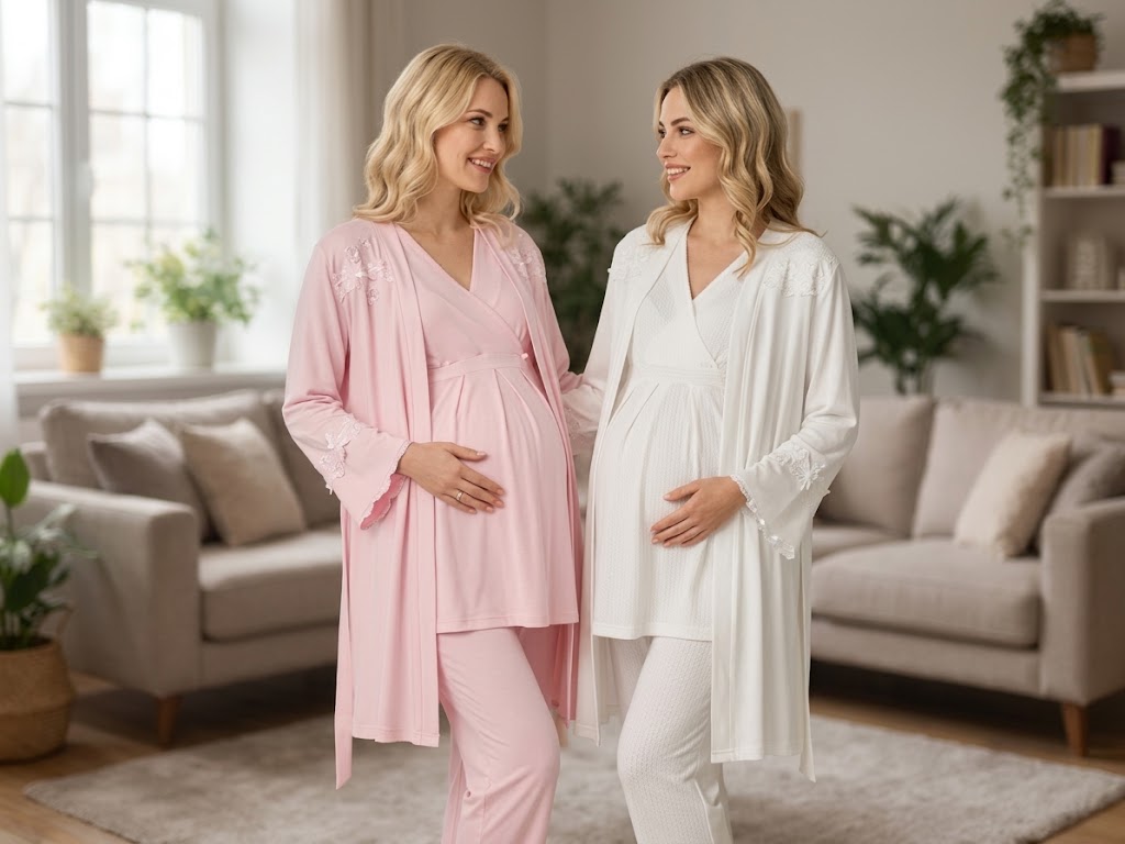 Pudra-Ekru Uzun Kollu Emzirme Özellikli Kruvaze Yaka Sabahlıklı Lohusa Pijama Takımı-6312