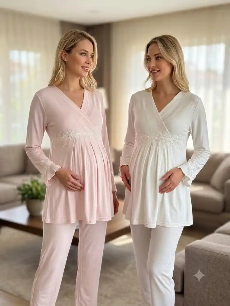 Pudra-Ekru Uzun Kollu Emzirme Özellikli Kruvaze Yaka Sabahlıklı Lohusa Pijama Takımı-6312
