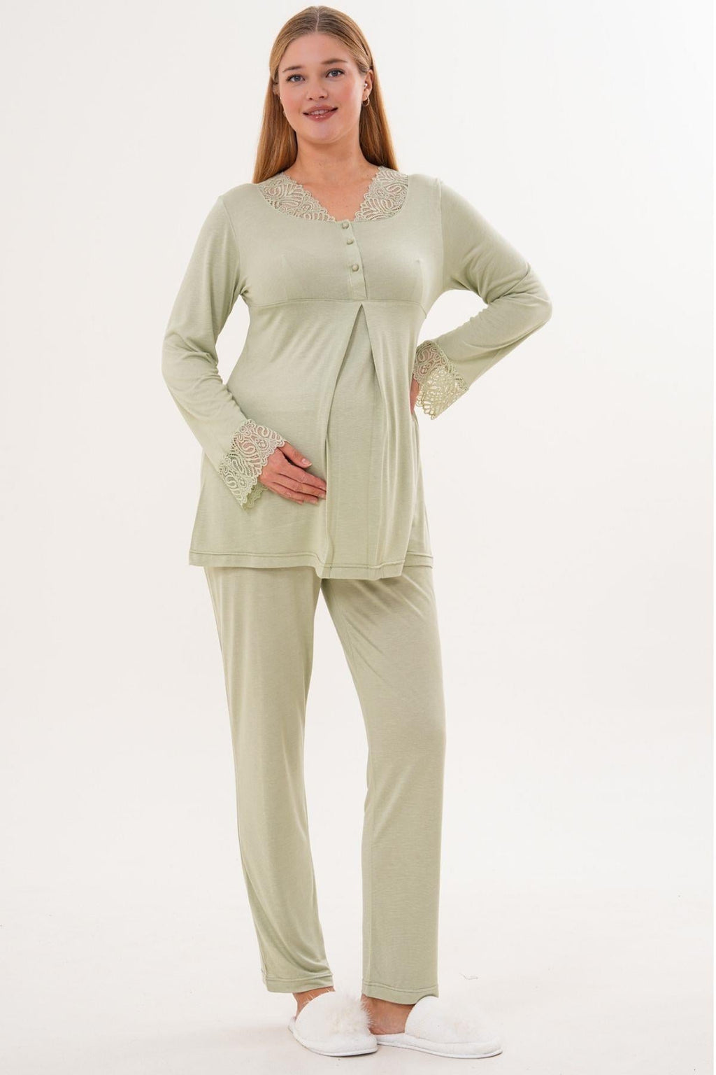 Uzun Kollu Dantel Detaylı Lohusa Pijama Takımı-5808