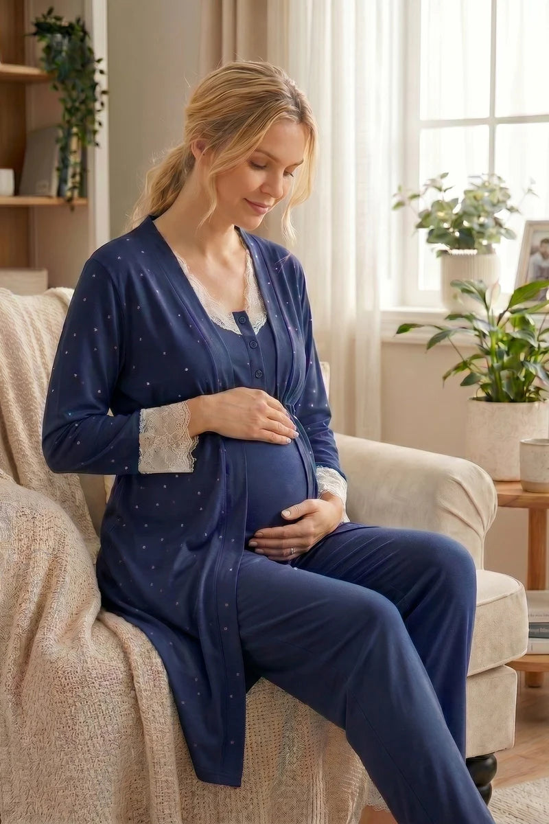 Kalp Desenli Dantel Yaka Detaylı Sabahlıklı Lohusa Pijama Takımı-2061