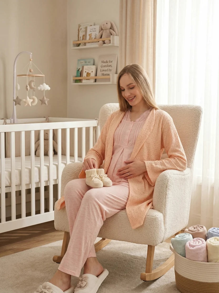 Somon Dantel Yaka Detaylı Emzirme Özellikli Sabahlıklı Lohusa Pijama Takımı-3462
