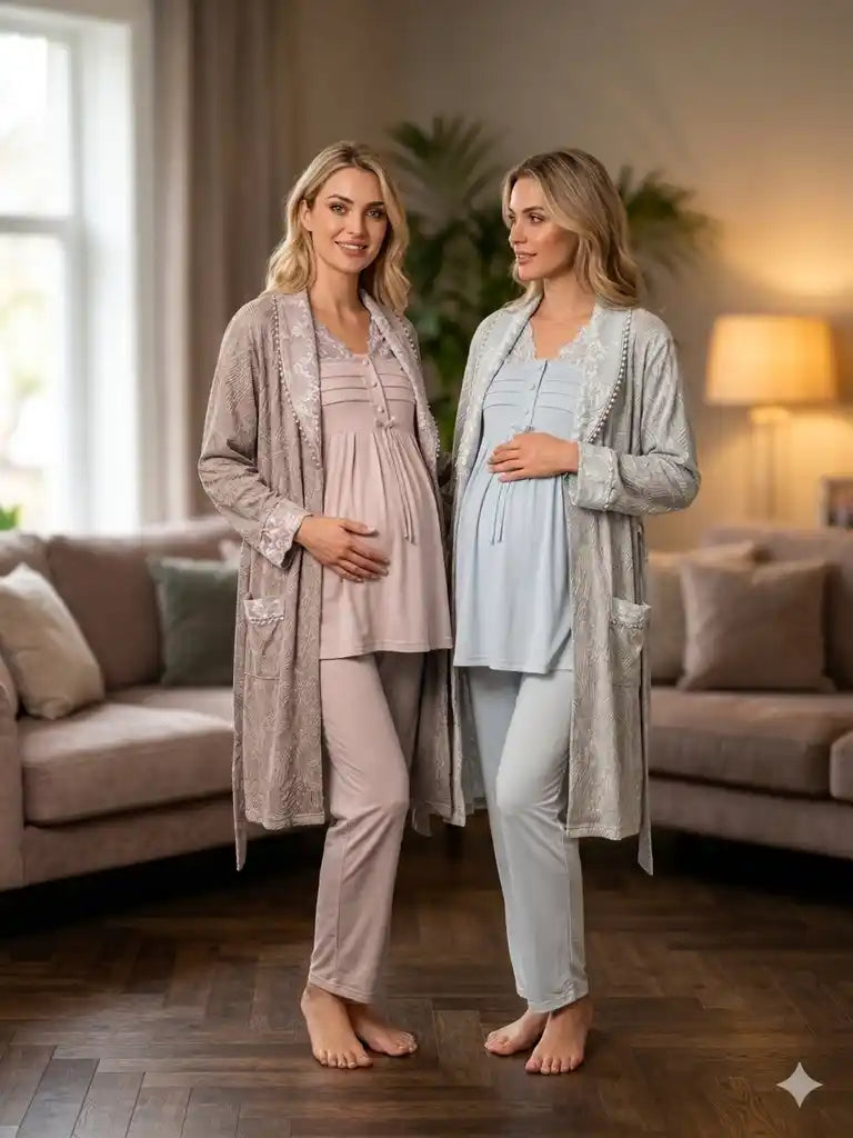 Mavi-Pudra Uzun Kollu Emzirme Özellikli Dantel Detaylı Jakar Sabahlıklı Lohusa Pijama Takımı-6304