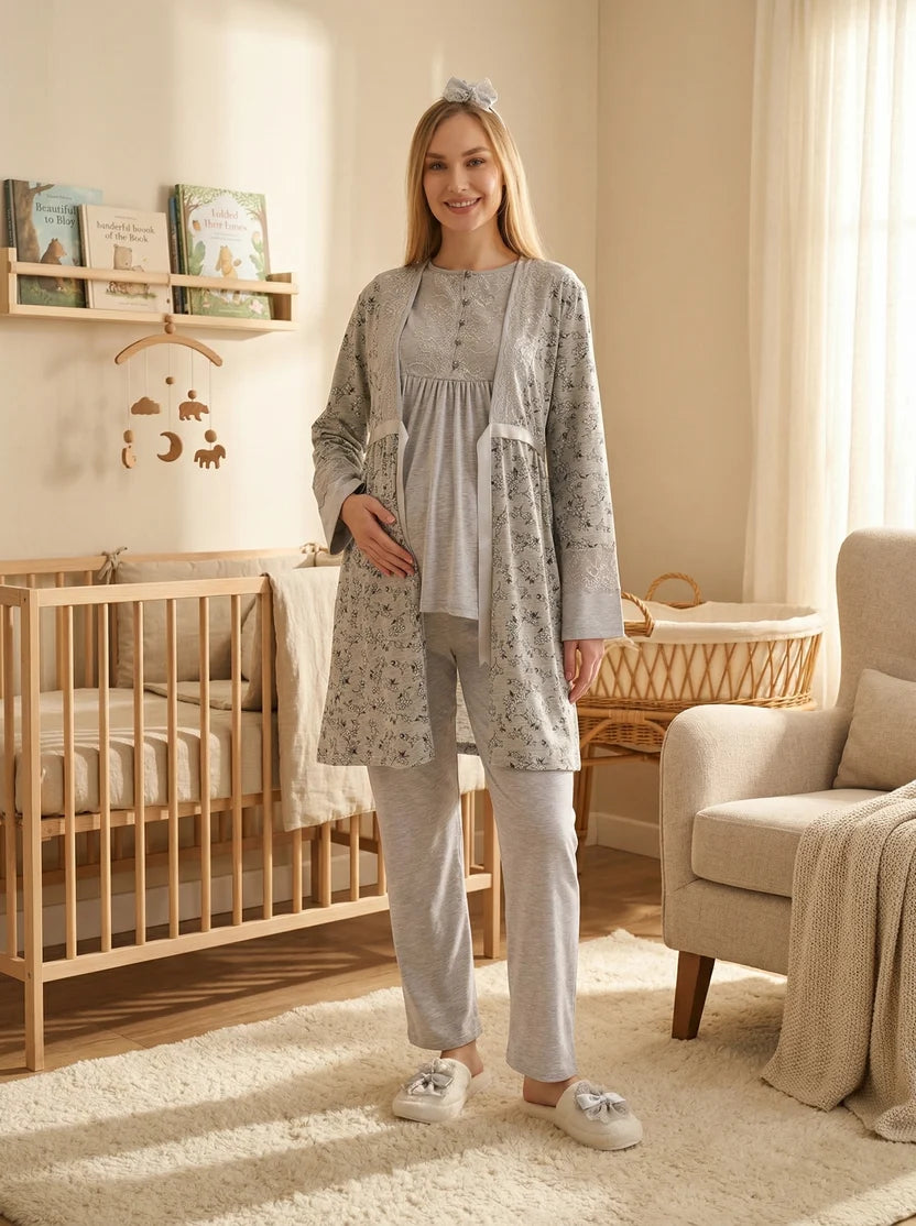 Gri Kısa Kollu Dantel Detaylı Emzirme Kolaylıklı Sabahlıklı Lohusa Pijama Takımı-3470